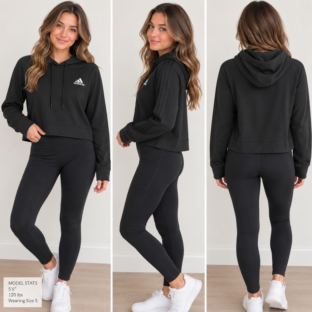 Adidas Womens Black Cropped Hoodie Three Stripe Pullover Sweatshirt Small